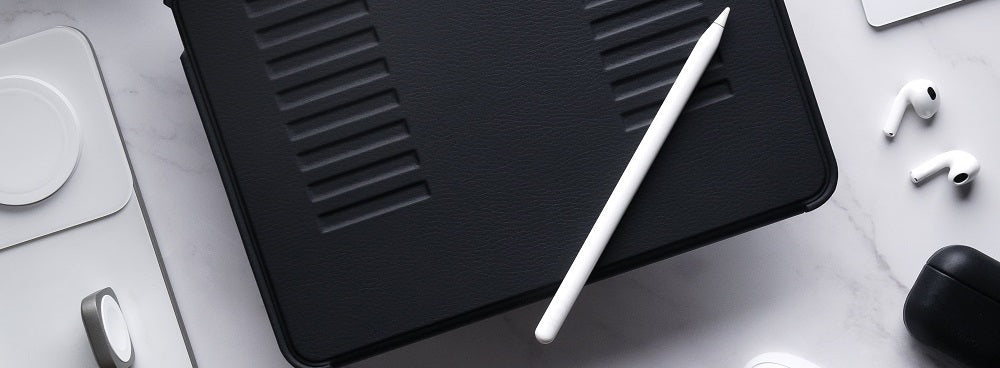 Black tablet case with a sleek design and a white stylus