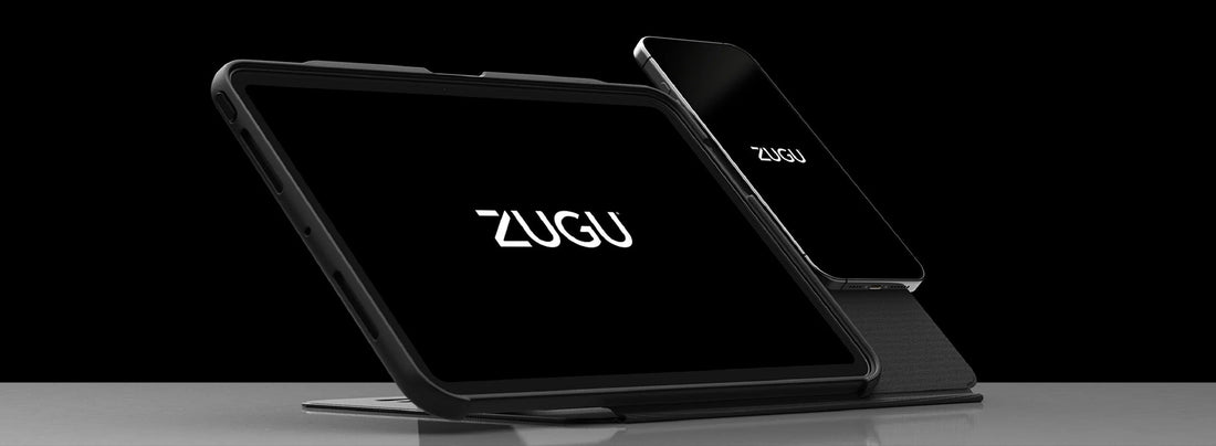 an iPad case stand that holds both the iPad and phone featuring the ZUGU logo