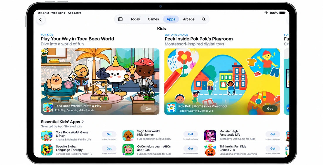 iPad displaying the App Store’s Kids section with educational games and apps for children.iPad displaying the App Store’s Kids section with educational games and apps for children.