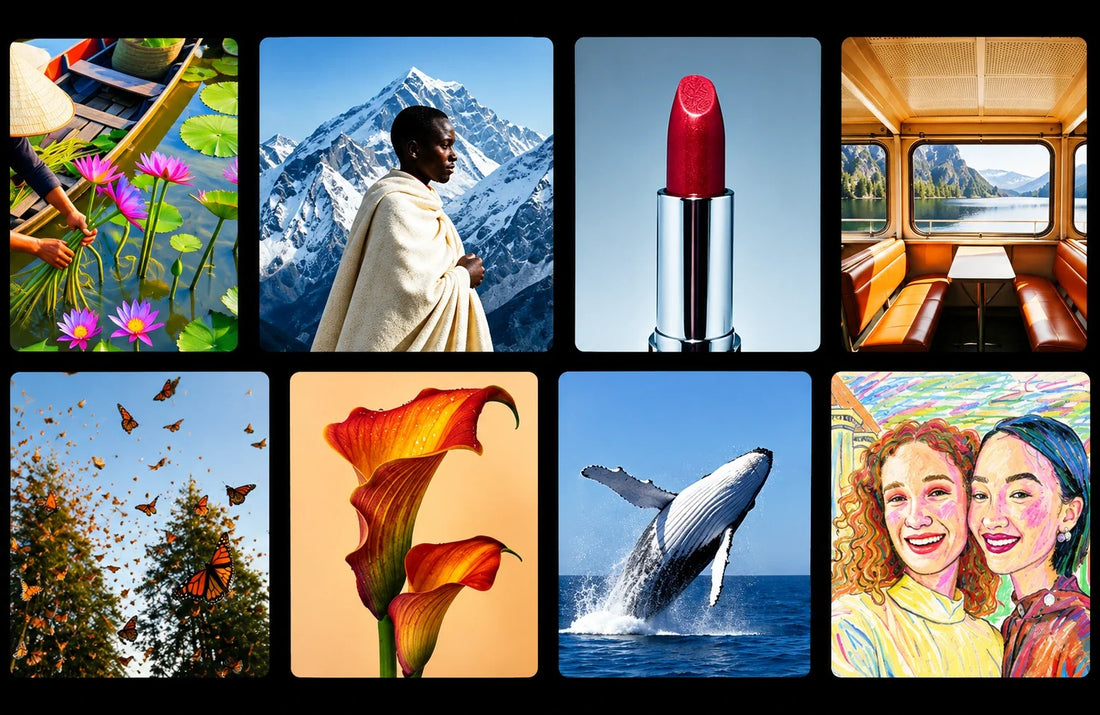 Gallery of AI-generated artwork created with Image Playground, including landscapes, flowers, animals and portraits.
