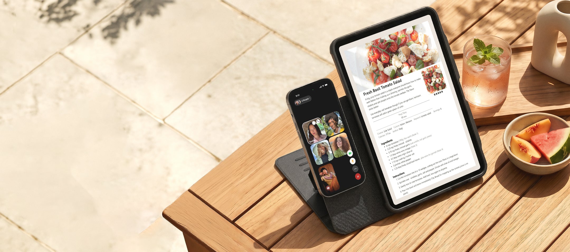 360 Case on outdoor table with recipe and facetime call.