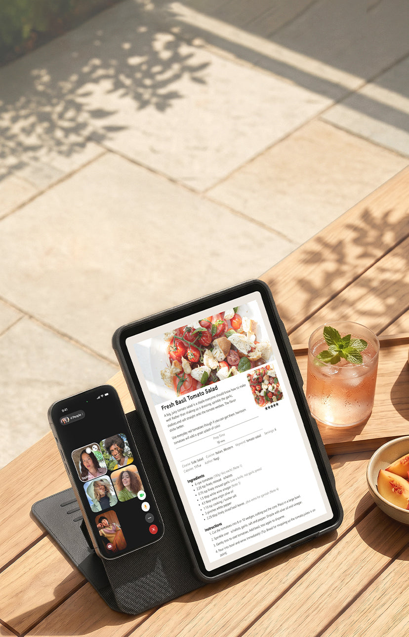 360 Case on outdoor table with recipe and facetime call.